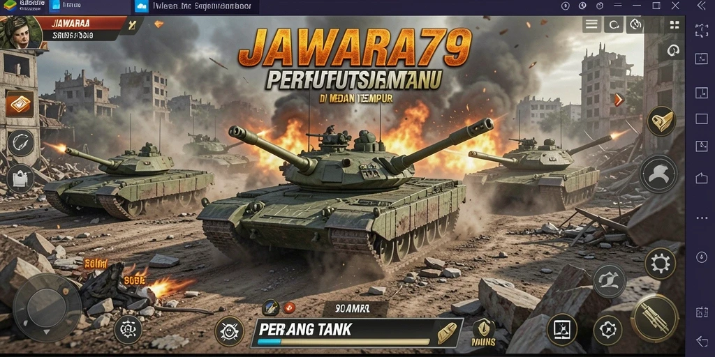 Screenshot utama JAWARA79 menampilkan aksi pertempuran tank yang mendebarkan.